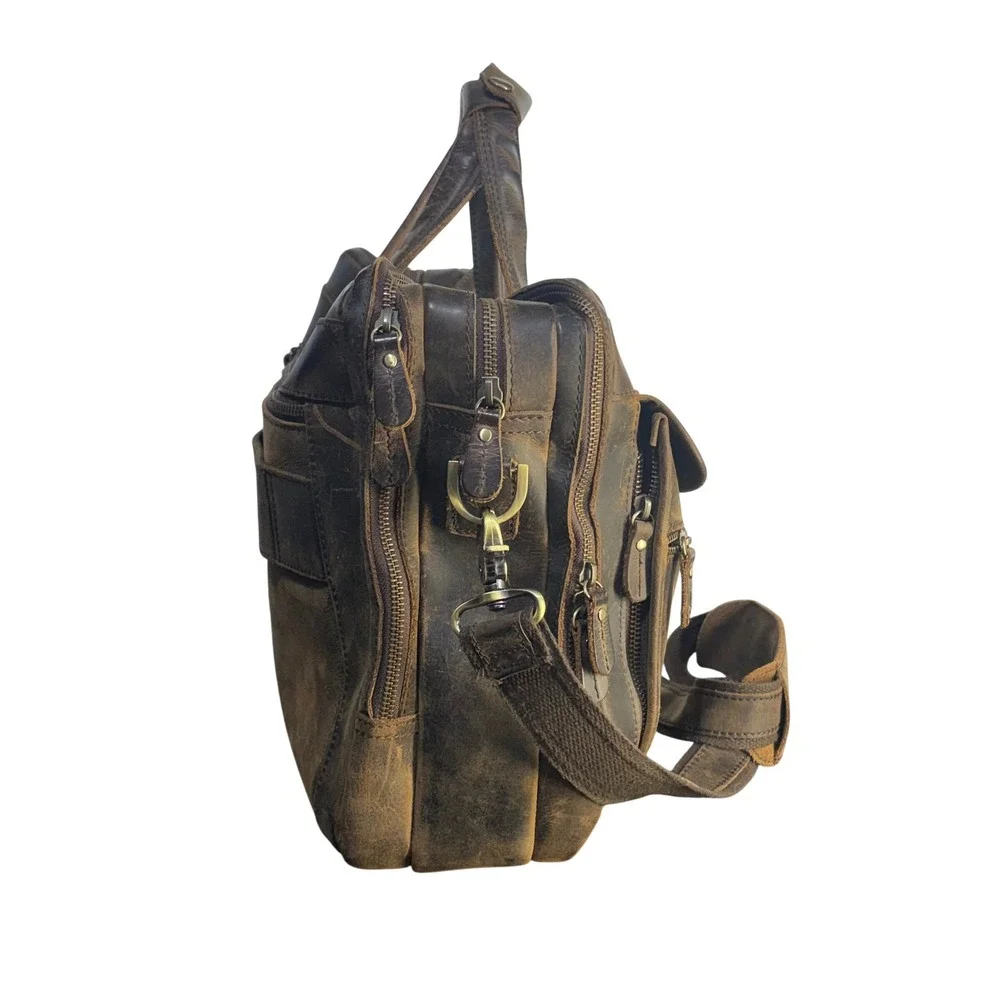 Vintage Leather Crossbody Commuter Bag Briefcase Brown Distressed Mens Large